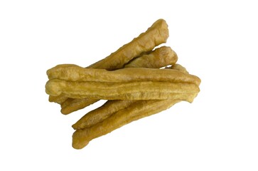 Fried bread or cakwe isolated on a white background. Also known as Youtiao or Cakoi, this food is very popular among Chinese, Indonesian, Malaysian, and Singaporean people as a breakfast dish.