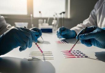 Scientists in a modern laboratory conducting a blood test analysis.