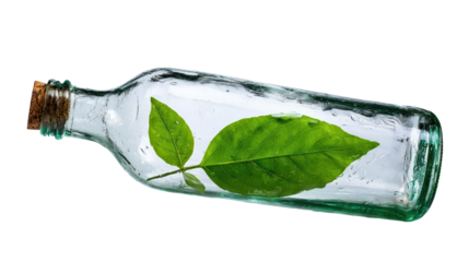 Leaf in transparent bottle symbolizes nature.