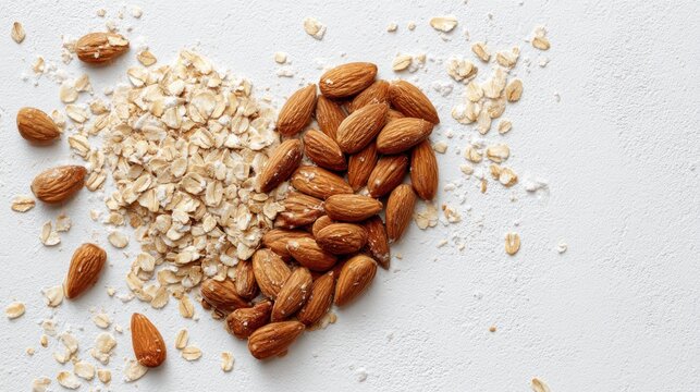 Heart shape made of almonds and oats on white, promoting energy and balanced metabolism