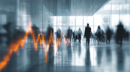 Abstract Blur of Business People Walking in Modern Office Building with Graphical Data Overlay