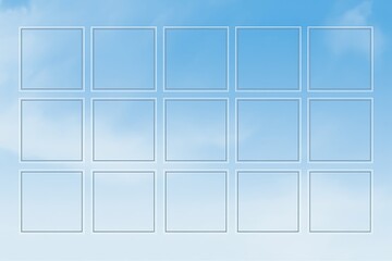 Grid of empty square frames against a soft blue sky with clouds squares blank