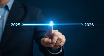 2026 business year end christmas new year progress bar glowing fingertip press indicating transition and planning for 2026 business year end goals with festive motivation