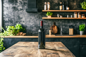 A striking bottle of red wine stands prominently on a rustic wooden table, surrounded by a modern kitchen ambiance and greenery