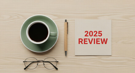 Q4 business year end review 2026 2025 new year planning with coffee pen and glasses on wooden desk for q4 business year end review planning and reflection