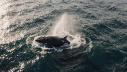 Fototapeta premium Majestic Whale Breaching in the Ocean with Water Spray.