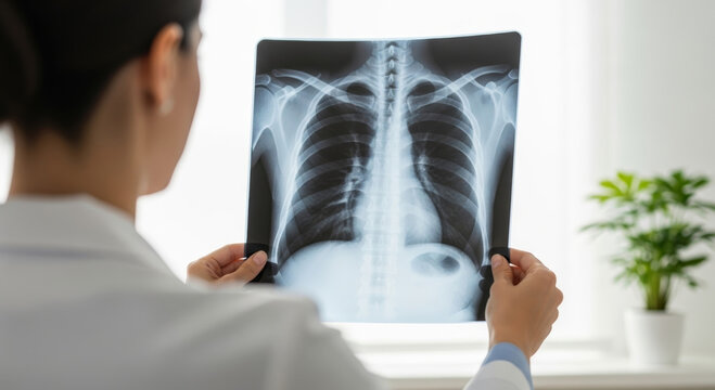 Doctor holds chest x ray showing lung image for cancer screening and medical checkup with calm professional atmosphere - Powered by Adobe