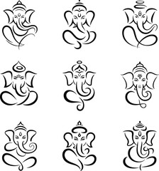 Nine Black Ganesha Line Art Icons Hindu god elephant god