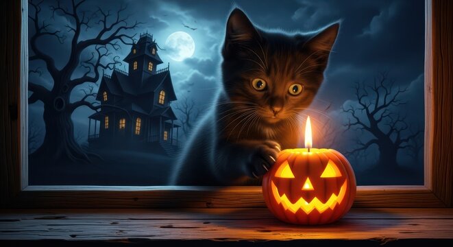 A whimsical halloween night with curious kitten guarding a glowing jack-o'-lantern