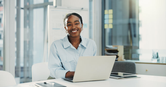 Business, laptop and happy black woman in company as insurance broker, about us or opportunity. Computer, employee and portrait of confident person in office as claims consultant with pride in Kenya