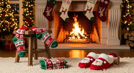 Cozy Christmas Morning Scene with Festive Footwear by the Fireplace