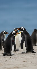 Group of penguins standing on a sandy surface with a cloudy sky in the background, showcasing their distinctive black and white plumage and orange beaks
