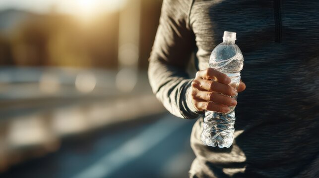 Male runner enjoying a refreshing drink from a clear water bottle in bright daylight outdoors