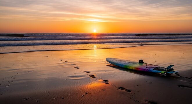 Sunset serenade colorful surfboard awaits next ride on the golden shoreline