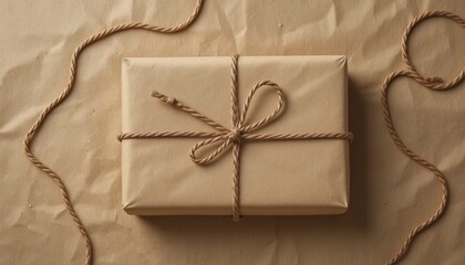 Elegant brown paper gift wrapped with rustic twine bow for birthdays, holidays, or special occasions conveys warmth and a personal touch