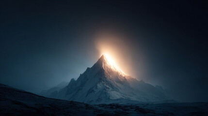 Majestic mountain peak bathed in radiant divine light symbolizing enlightenment, spiritual awakening, transcendence, hope, and the sublime beauty of nature.

