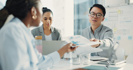 Meeting, documents and team with business people in office for research, discussion and account...