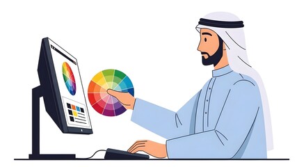 A man wearing traditional Middle Eastern attire working on a computer with a color palette for digital design or editing purposes