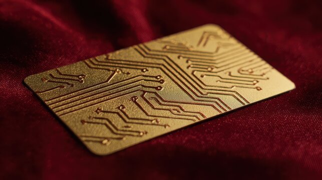 Golden gift card sparkling on red velvet, reflecting festive fintech joy during the holiday season