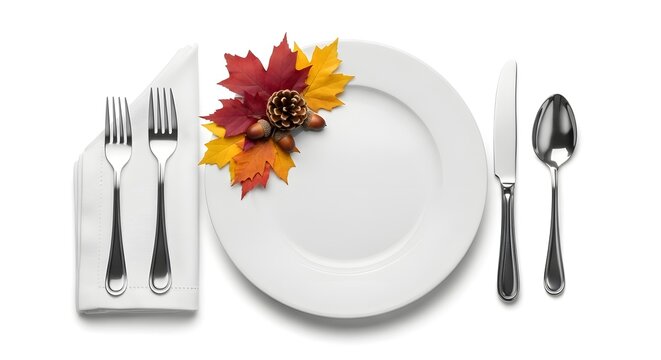 A beautifully arranged place setting for a festive autumn meal, featuring decorative leaves. - Powered by Adobe