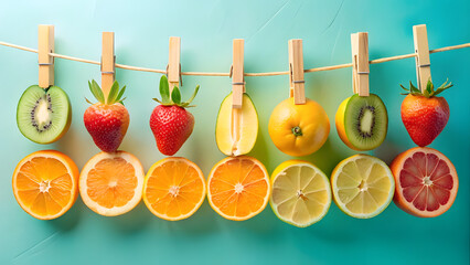 Assortment of sliced fruits and whole strawberries and kiwis on a clothesline Keywords: fruit, citrus, kiwi, strawberry, orange, lemon, grapefruit