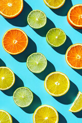 Obraz premium Vibrant slices of oranges, lemons, and limes are artistically arranged on a bright blue surface, showcasing freshness and color contrast