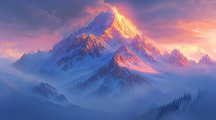 Majestic mountain peak bathed in radiant divine light symbolizing enlightenment, spiritual awakening, transcendence, hope, and the sublime beauty of nature.
