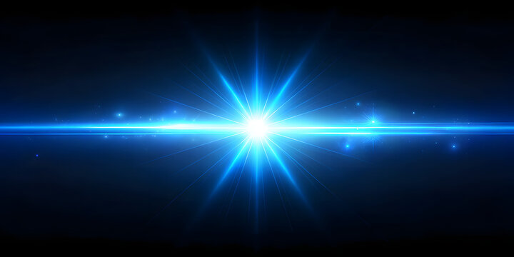 Bright Blue Light Explosion with Lens Flare and Particles on Black glow