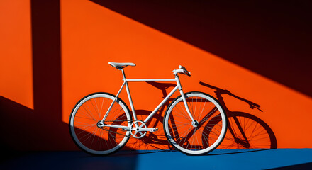 Minimalist White Fixed-Gear Bicycle Against Vibrant Orange Wall with Strong Shadows