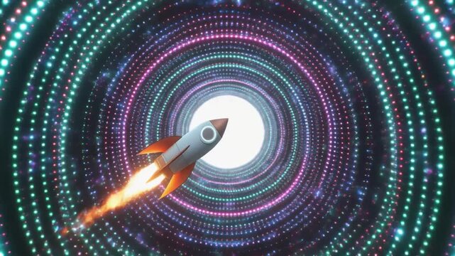 A silver rocket ship blasts off into a vibrant, concentric circle of colorful lights with a white center, conveying a futuristic and dynamic mood.
