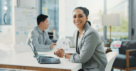 Portrait, smile and business woman in office as financial consultant, about us and pride. Confidence, happy employee and person in corporate company, coworking and investment advisor with laptop