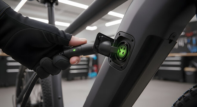 Gloved Hand Plugging Charging Cable into Electric Bicycle Port - Powered by Adobe