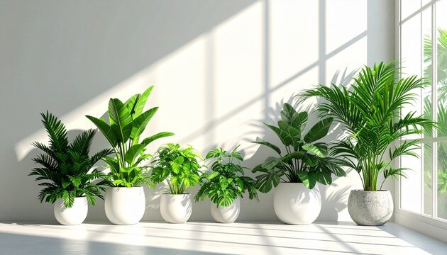 Indoor plant collection arranged near a bright window with sunlight casting shadows on the wall