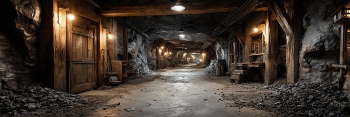 Dark and Atmospheric Abandoned Mine Tunnel with Wooden Structures and Dim Lighting