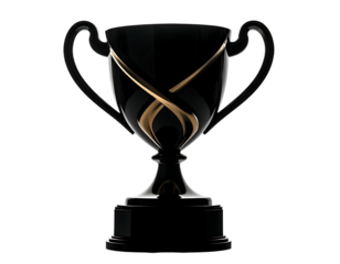 A sleek, black trophy design featuring golden accents. It has a classic chalice shape with curved handles, a detailed base, and a glossy finish