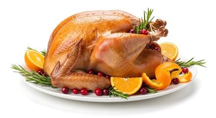 A beautifully roasted golden brown turkey garnished with fresh rosemary, cranberries, and orange slices on a white platter.