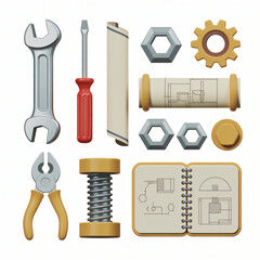 Illustration set of construction and renovation equipment tools on white background