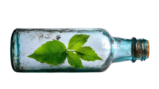 Glass bottle with green leaf inside, nature. - Powered by Adobe