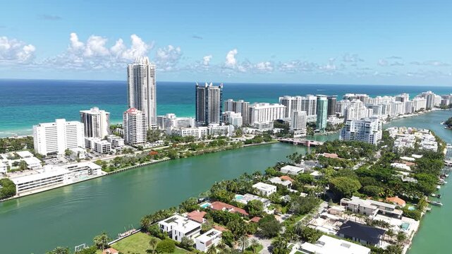 Drone Shot of Miami Beach FL USA, Beachfront Towers, Allison Island and Indian Creek