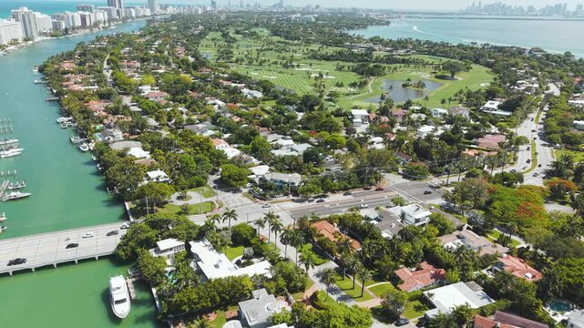 Miami Beach, Florida USA, Drone Shot of La Gorce Island, Indian Creek and 63rd Street and Bridge Traffic