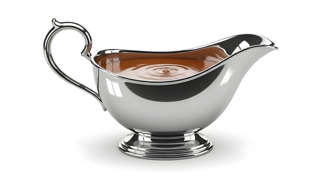 A shiny silver gravy boat filled with a rich brown sauce, ready to serve. - Powered by Adobe