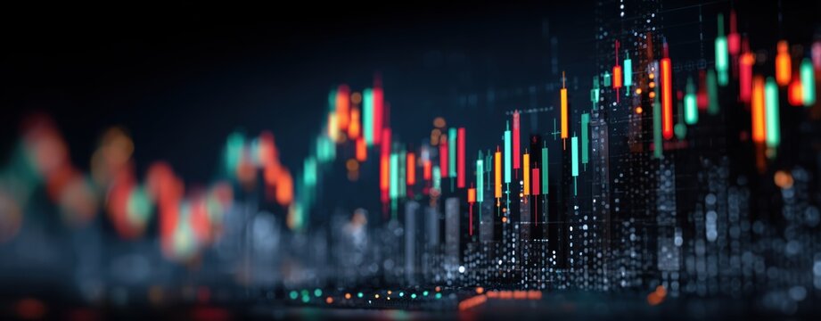Dynamic Stock Market Graph with Vibrant Candlestick Patterns and Digital Financial Elements