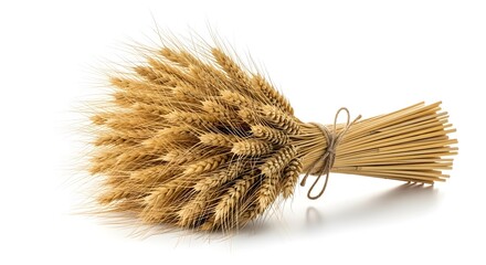 A tied bundle of golden wheat stalks, showcasing their mature grains and fibrous stems against a clean white background.