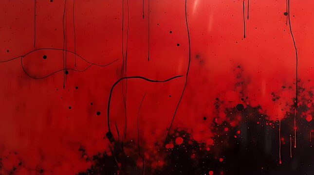 Abstract red paint splatter texture on a pitch-black background, chaotic grunge surface for dark artistic design.
