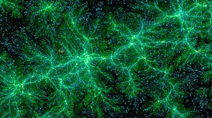 A neural network visualized as glowing, interconnected nodes creating intricate luminous patterns, blending technology and abstract art