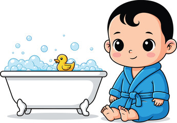 Cartoon child bath time, blue bathrobe, rubber duck, bubble bathtub, hygiene illustration, playful bathroom scene, clean kid, vector art, cheerful moment