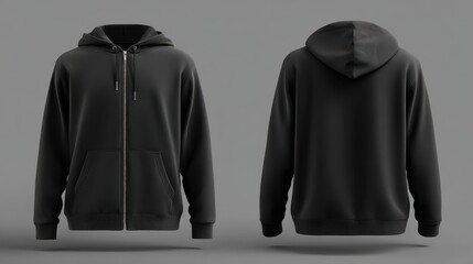 Stylish photo of front and back view of a black zipup hoodie isolated on grey background