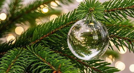 Close up of clear glass ornament on a Christmas tree branch with bokeh lights