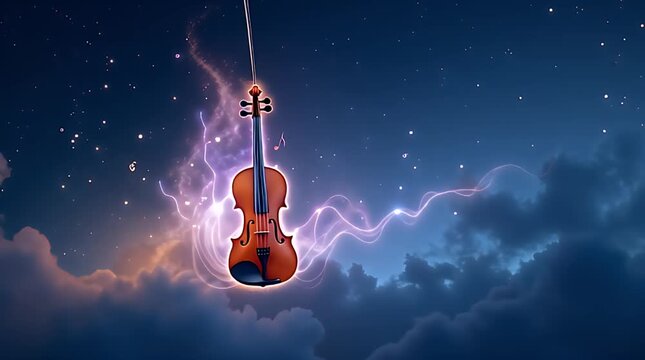 A violin glowing in the night sky, releasing streams of light and color like music notes drifting among stars.
