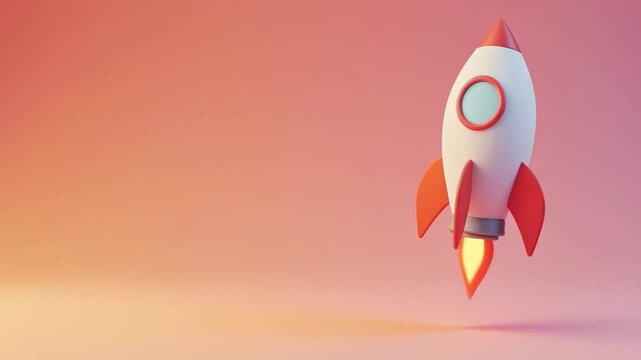 3D rendered rocket ship soaring through a vibrant pink and orange gradient background with a circular window and fins.